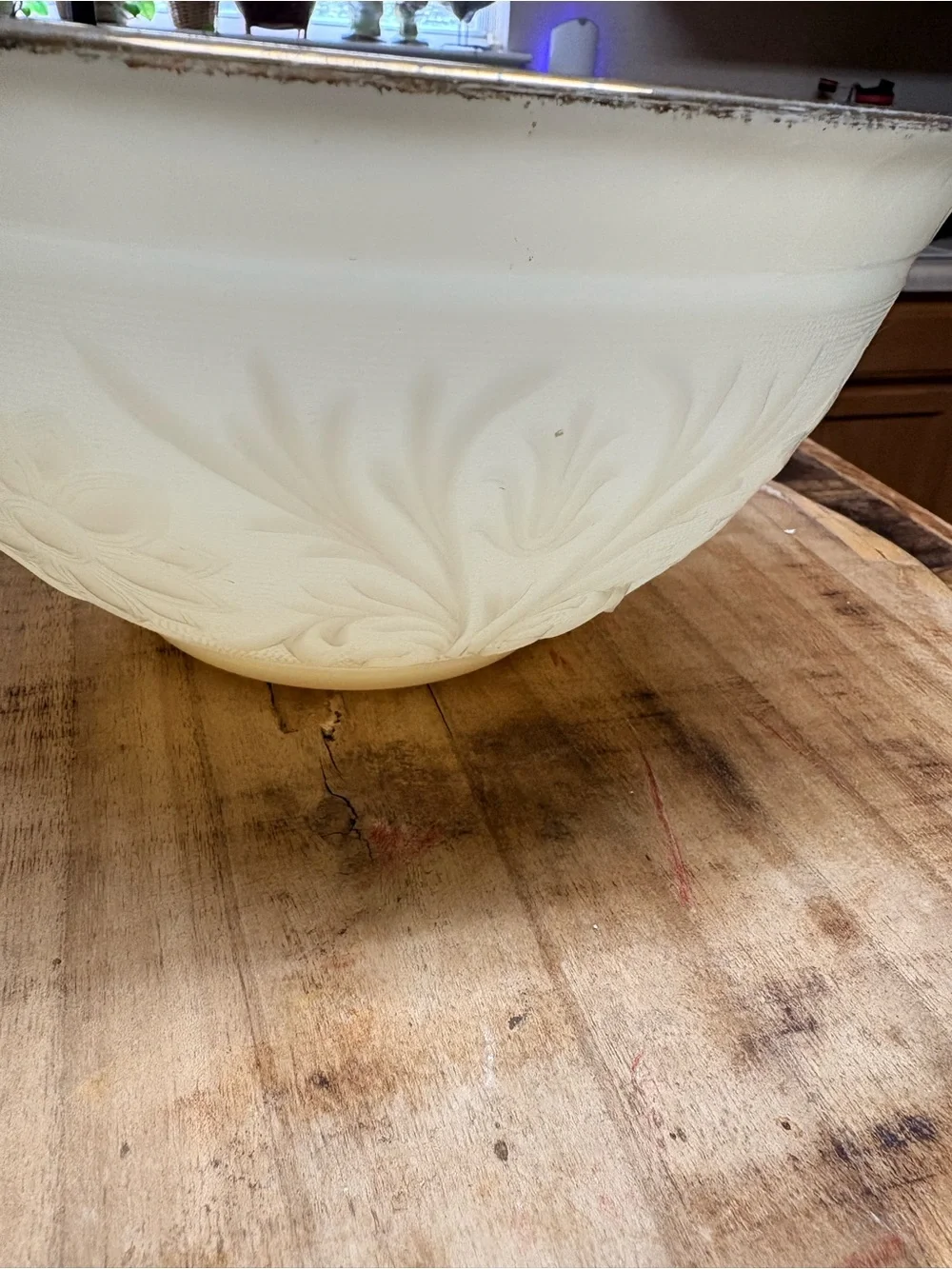 Vintage Anchor Hocking Ivory Embossed Glass Punch Bowl with Gold Rim 5”X 10”